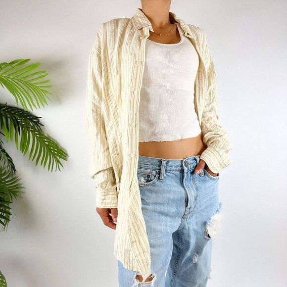 Vintage Y2K Ralph Lauren Cream Coastal Oversized Striped Button Up Shirt / Sz: L - Picture 6 of 6